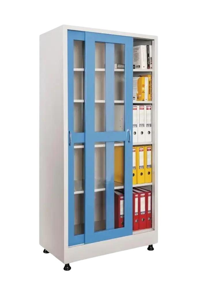 Kovová kancelářská skříň s posuvnými dveřmi.